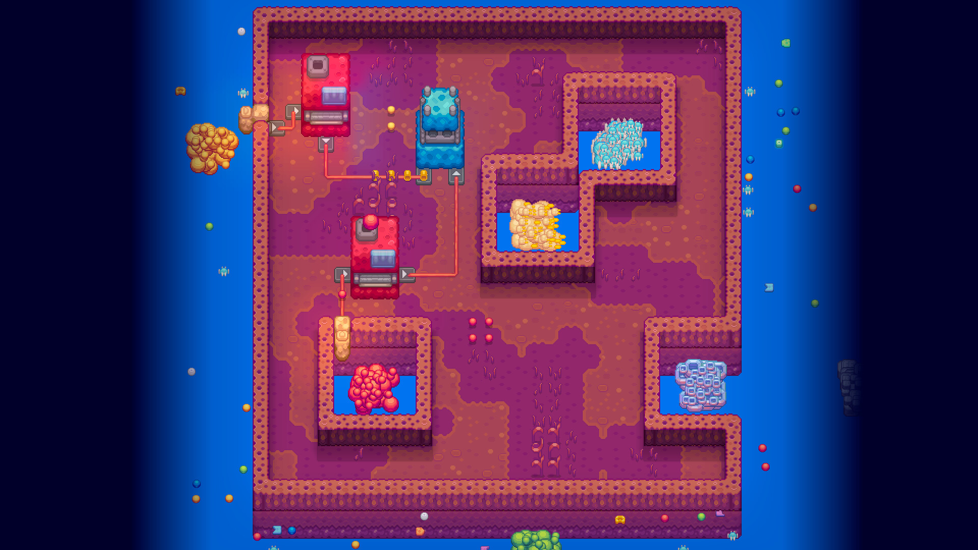 Early organism layout with machines and resources.