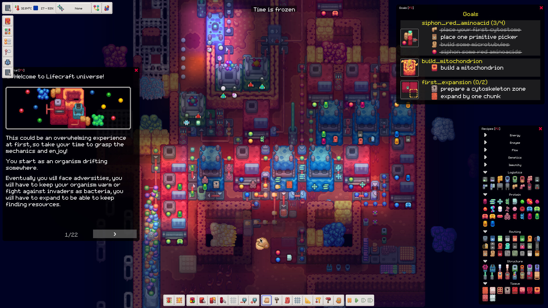 Tutorial and recipe panels over the cellular base.